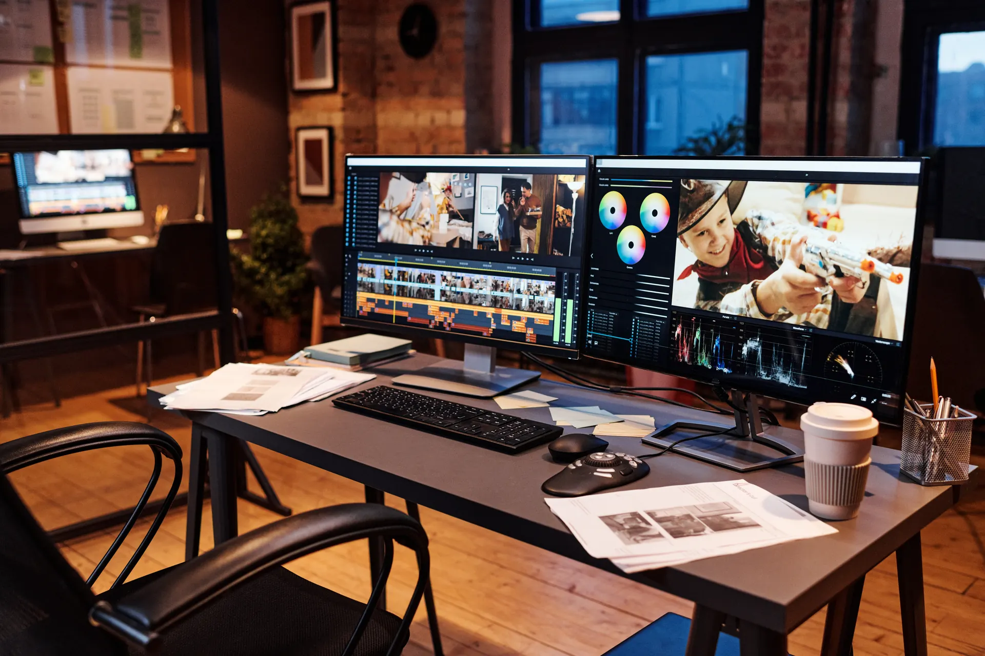 Schnittplatz mit zwei Monitoren, Schnittsoftware und Farbkorrektur